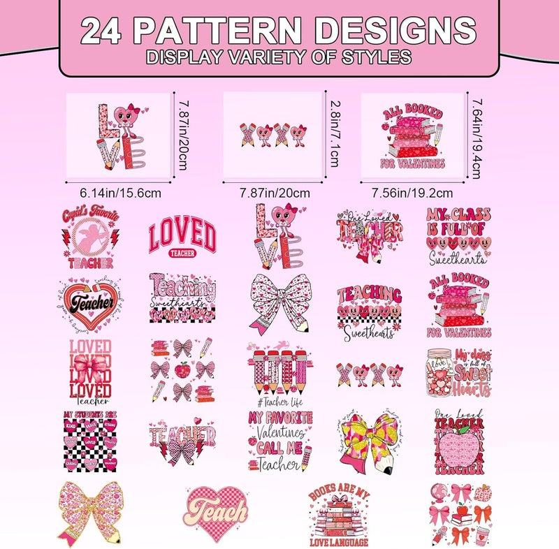 Shejdgart Dtf Transfers Ready to Press - 24 Pcs Valentines Day Teacher Iron on Patches for T-Shirts, Bow Pen Heart Iron on Stickers Heart Hear Heat Transfer Vinyl Decals for DIY Fabric Clothes Decor - Image 2